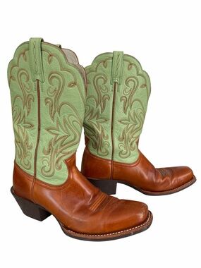 Ariat Woman’s Green Brown Leather Square Toe Western Cowboy Boots Size 7